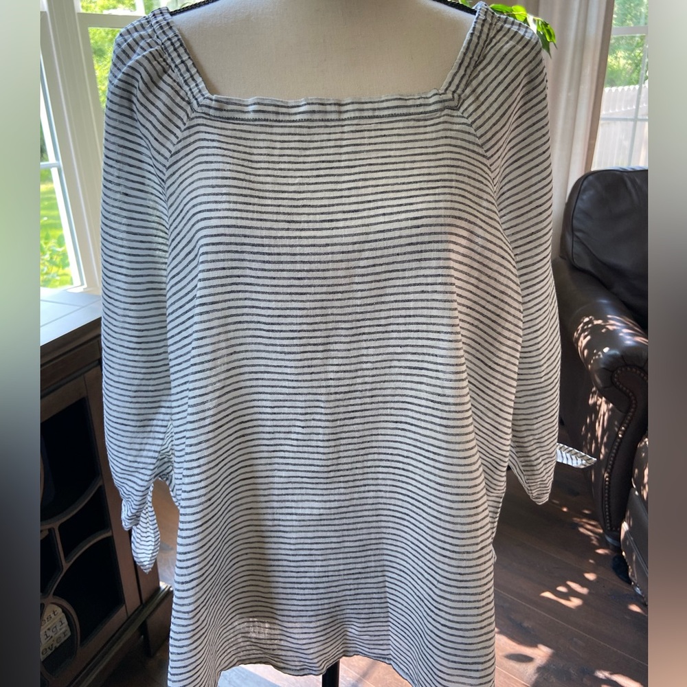 Liz Claiborne Linen Blend Boatneck Short Tie Sleeve Gray & White Striped Top MED